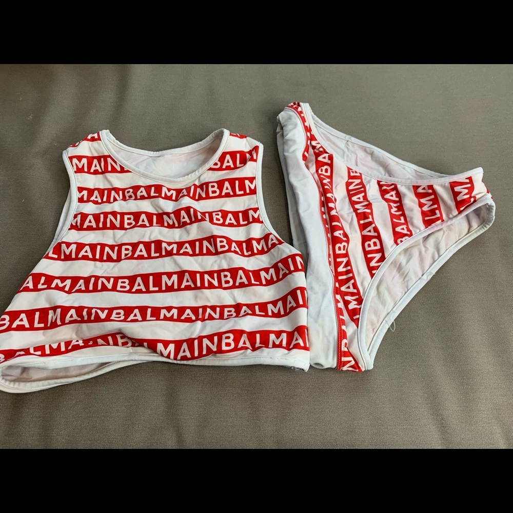 Balmain Red and White Two Piece Swimsuit